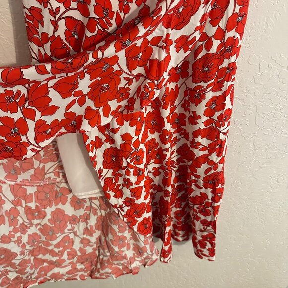 Bardot Red & White Fiesta Floral Short Sleeved Faux Wrap Ruffle Feminine Dress - Picture 8 of 13